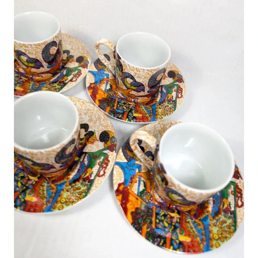 Pacita Abad Espresso Set‎ Mini Cup Mug Saucer Porcelain RARE Wayang Pandawa Lima